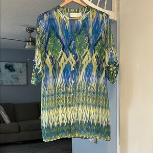 Chico's Semi Sheer Blue Green & Yellow Ikat Button Up Tunic Chico’s 0= US Size S
